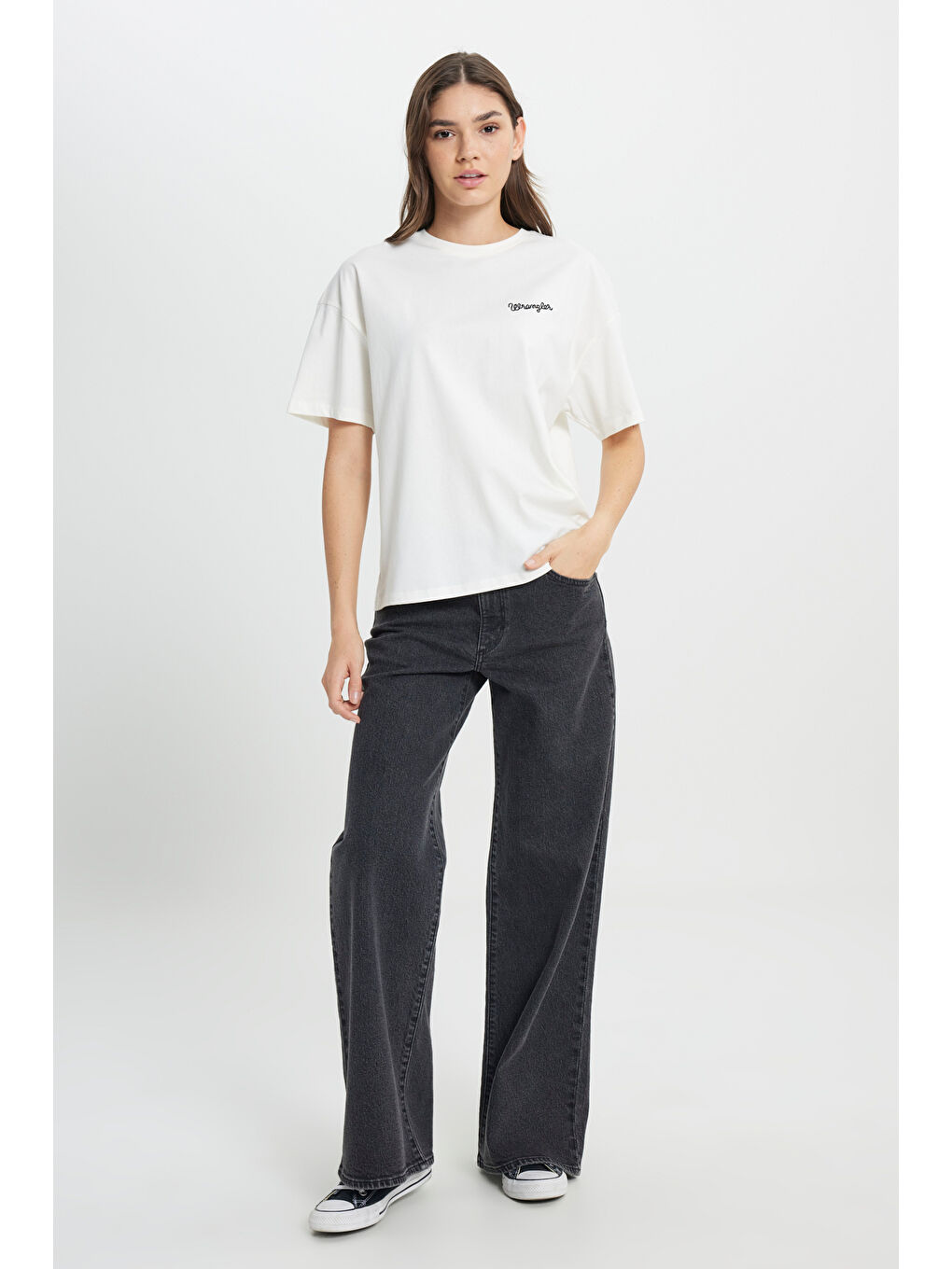 Loose Fit Rahat Kesim Bisiklet Yaka %100 Pamuk Beyaz Tişört-3