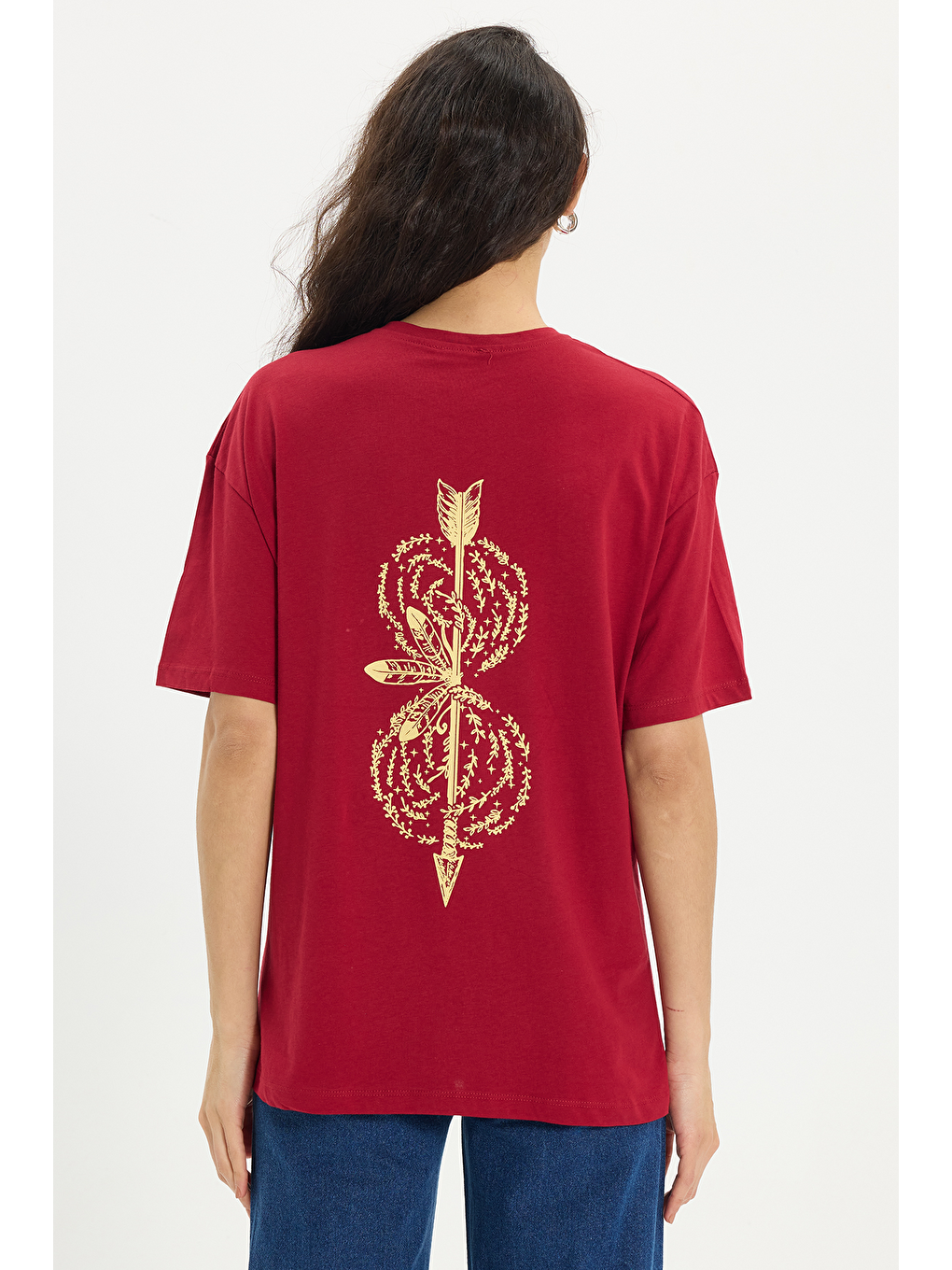 Kadın Oversize Geniş Kesim %100 Pamuk Bisiklet Yaka Kısa Kollu Baskılı Bordo Tişört-5