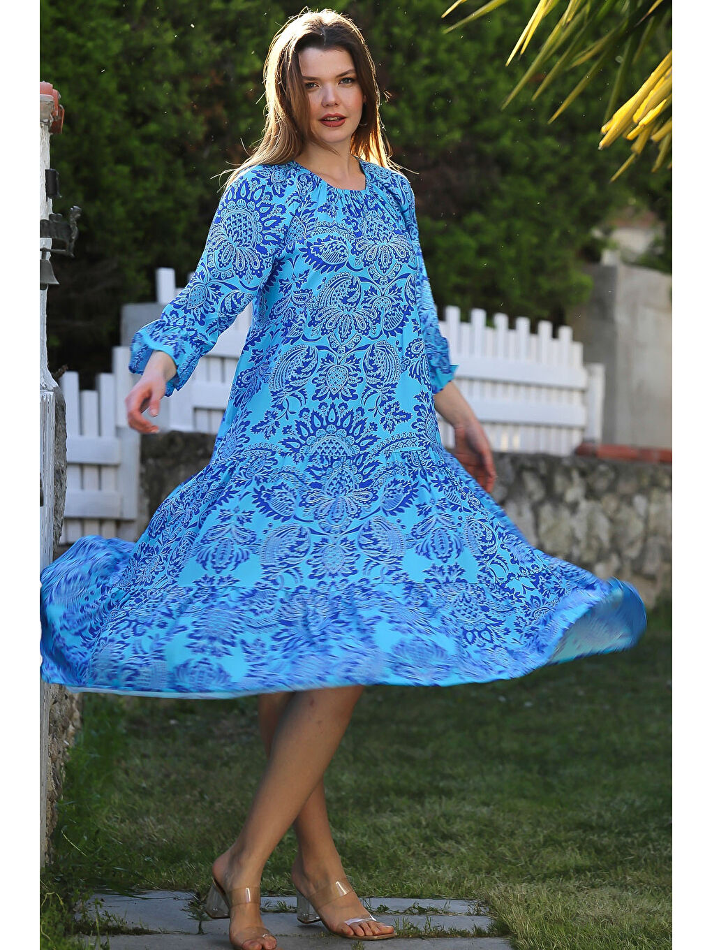 Turkuaz Carmen Yaka Fırfırlı Kol Etek Ucu Fırfırlı Allover Baskılı Viskon Dokuma Elbise 130 60-2