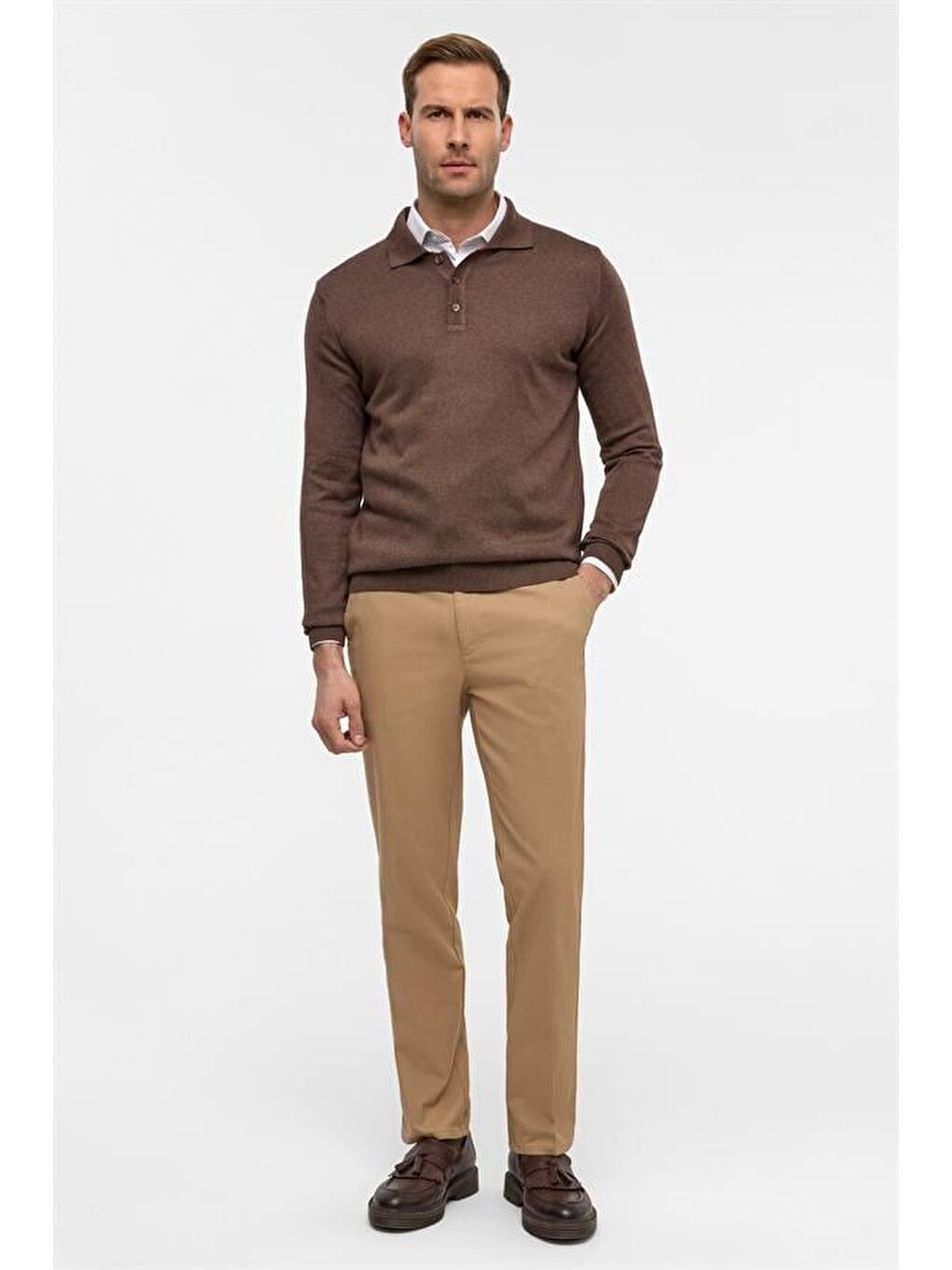 Kahverengi Sütlü Kahve Regular Düz Polo Yaka Triko-4