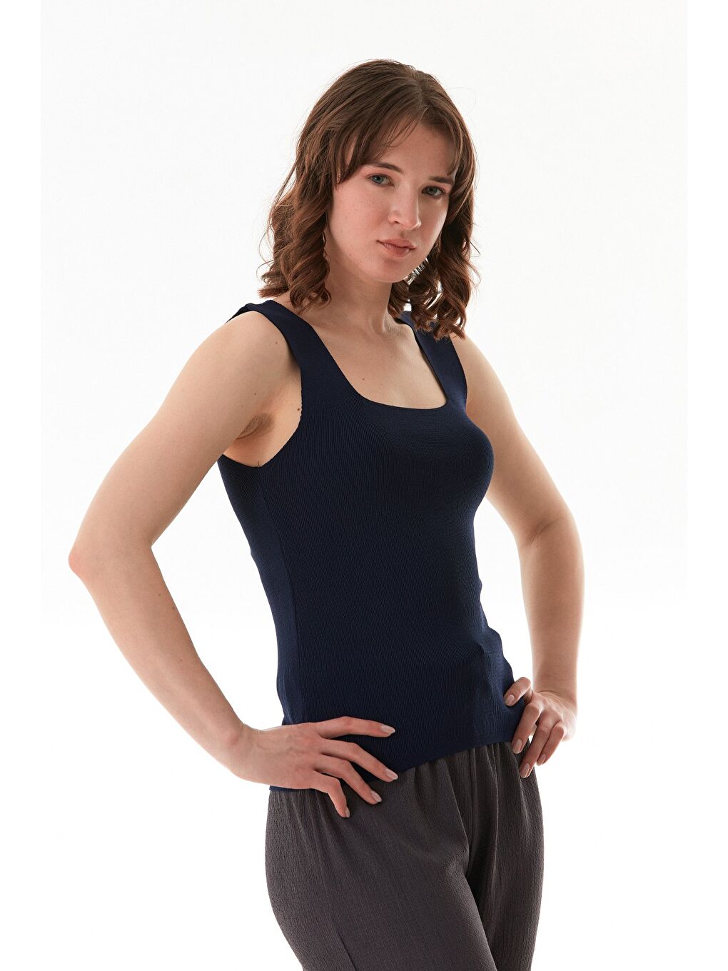 Lacivert Basic Kare Yaka Triko Bluz-1