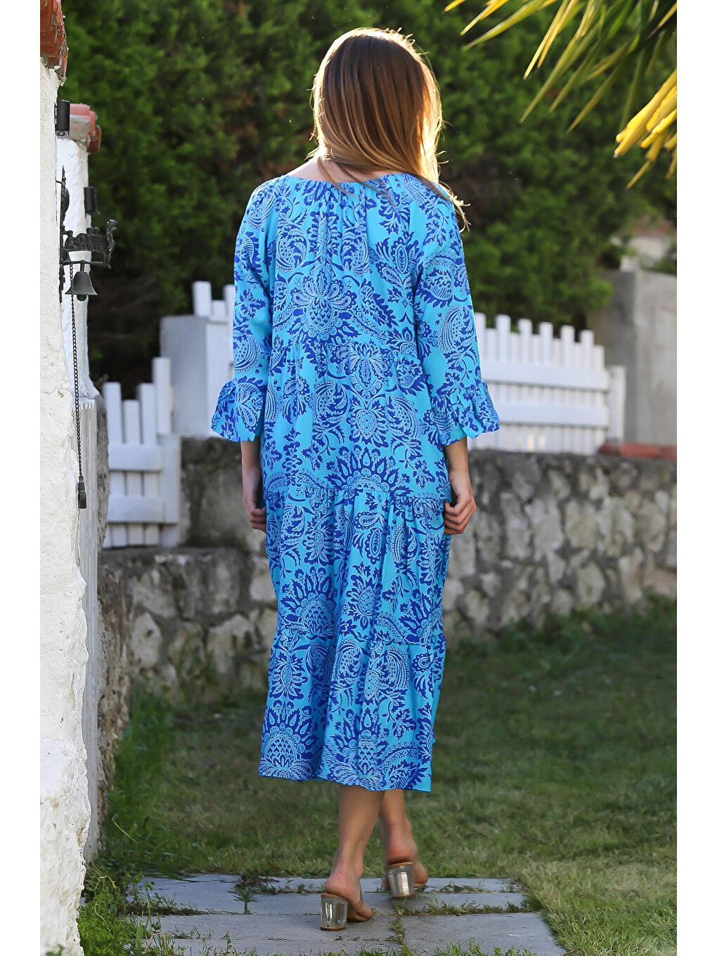 Turkuaz Carmen Yaka Fırfırlı Kol Etek Ucu Fırfırlı Allover Baskılı Viskon Dokuma Elbise 130 60-7