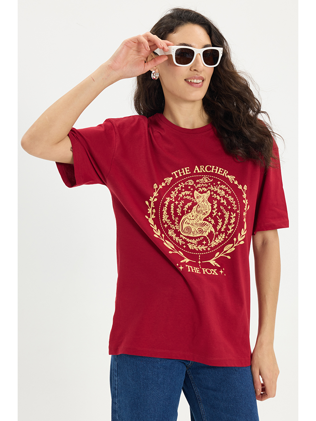 Kadın Oversize Geniş Kesim %100 Pamuk Bisiklet Yaka Kısa Kollu Baskılı Bordo Tişört-6