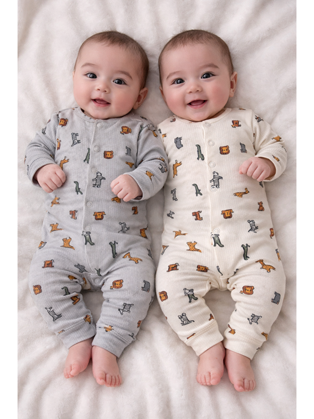 Gri Erkek Bebek Safari Desenli Fitilli kumaş 2li Tulum Seti Patiksiz