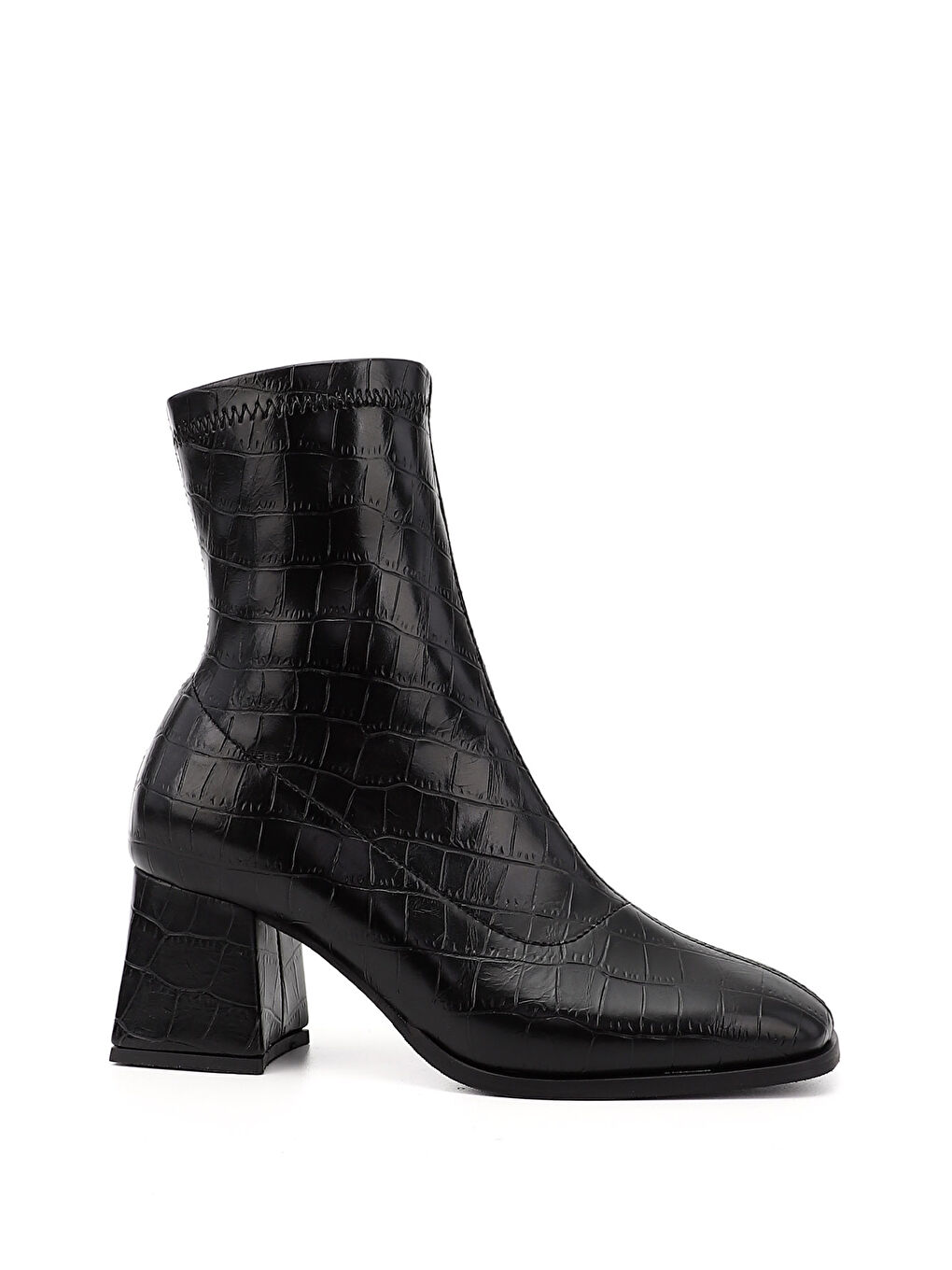 Siyah Kadın AÇIK SİYAH Deri Görünümlü Kalın Topuklu Streç Bot-1