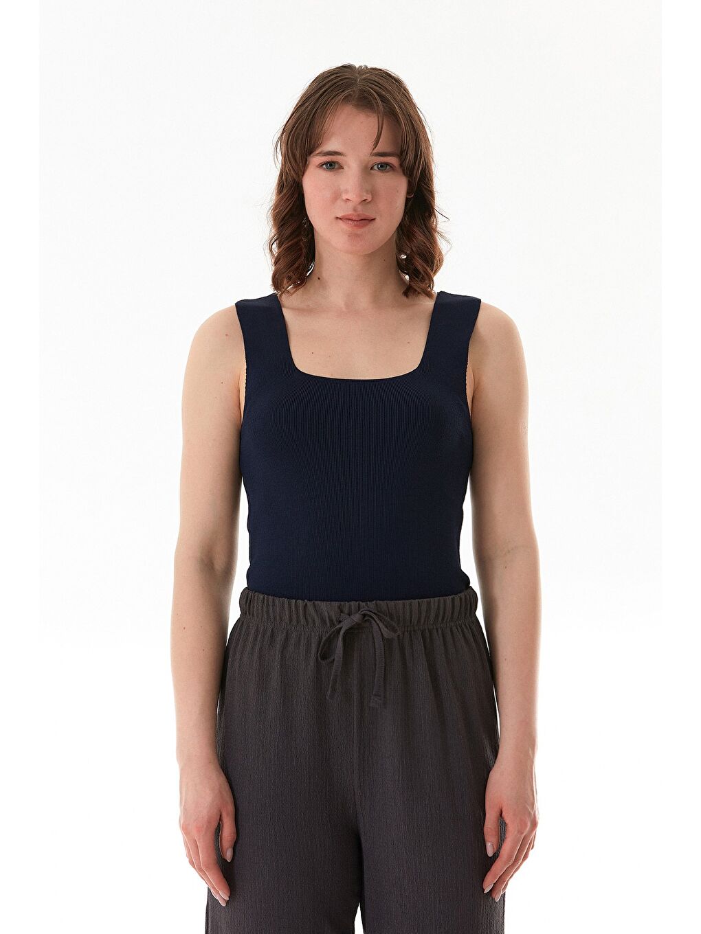 Lacivert Basic Kare Yaka Triko Bluz-4