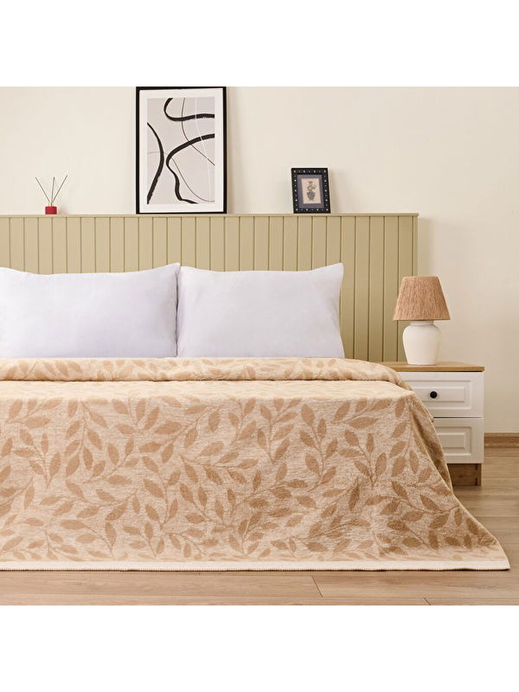 Soft Sprig Pamuklu Çift Kişilik Battaniye - Bej - 200x220 cm-1