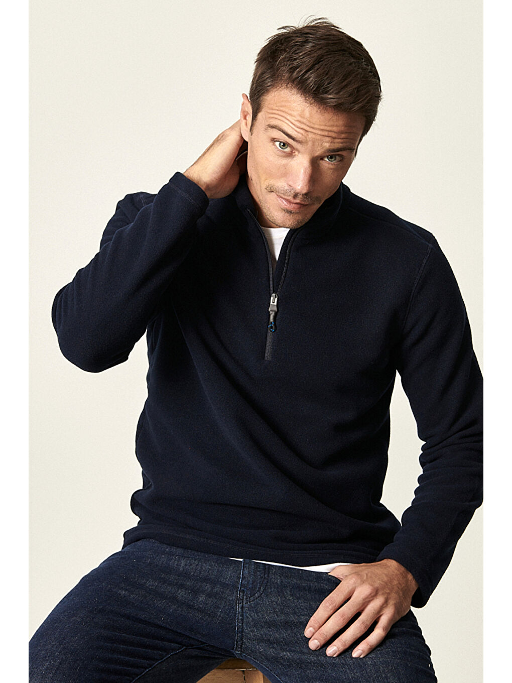 Erkek Lacivert Anti-Pilling Tüylenme Yapmayan Standart Fit Dik Yaka Polar Sweatshirt-1