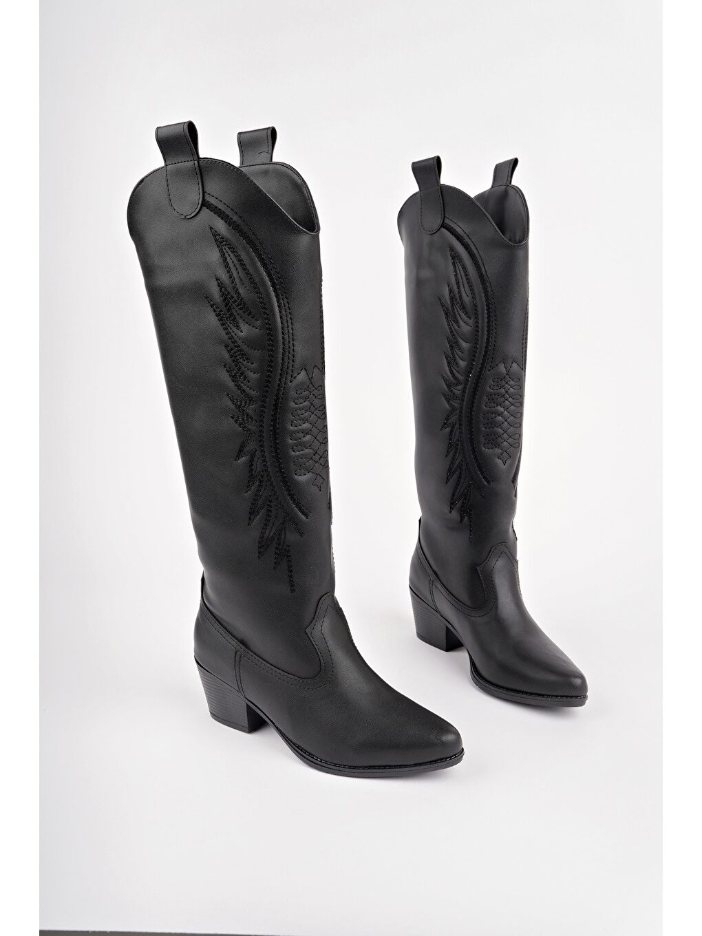 Siyah RODEO Dikiş Detaylı Kalın Topuklu Kovboy Kadın Çizme