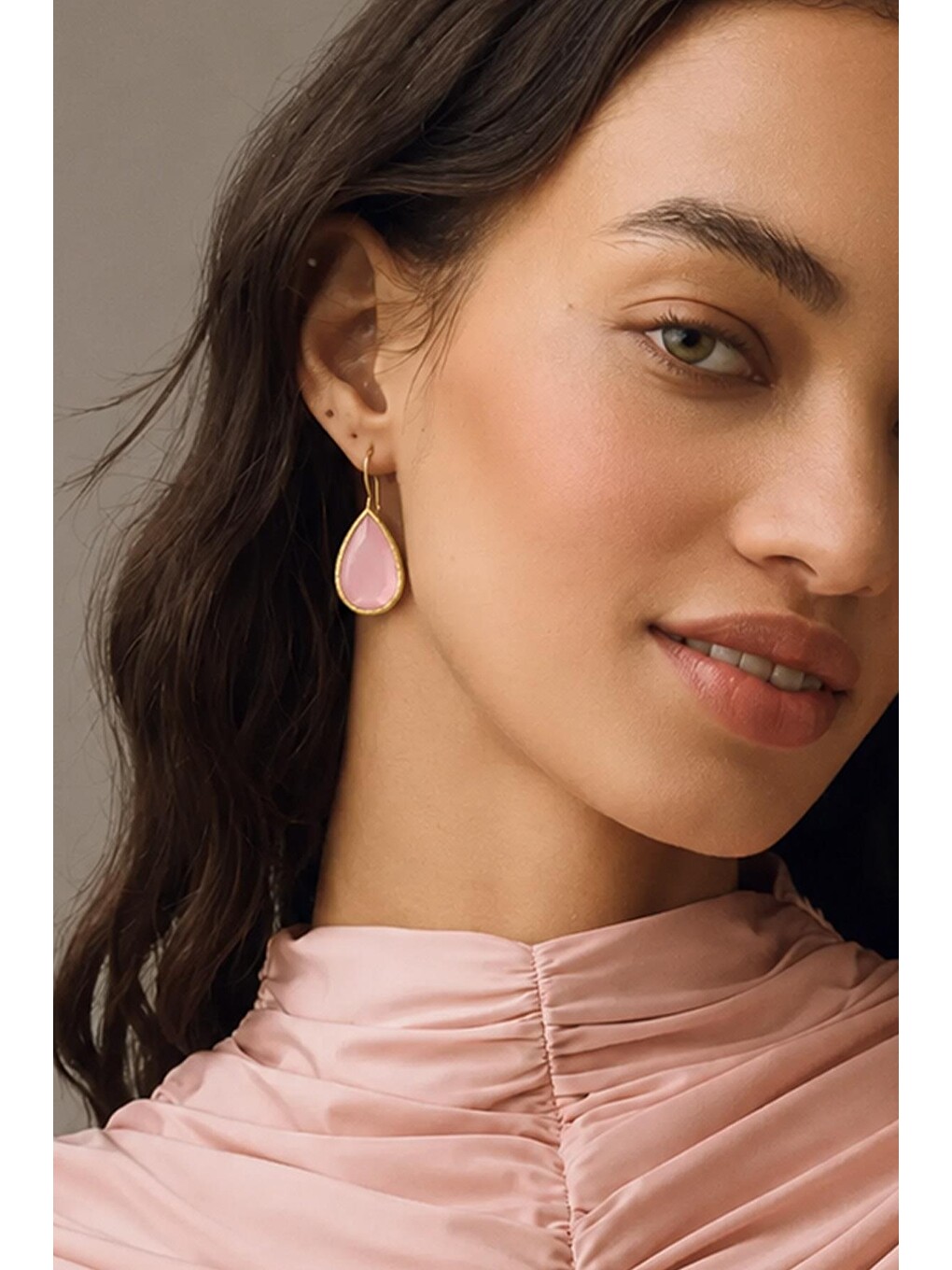 Sarı Artisan Pembe Kedi Gözü Sıvama Altın Kaplama Damla Küpe-1