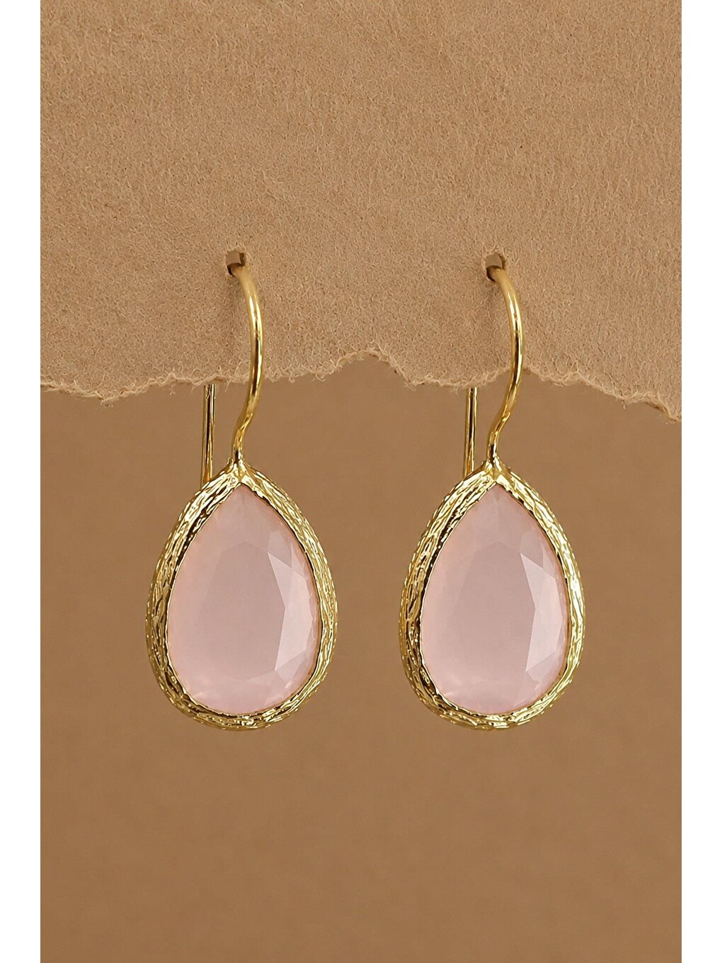 Sarı Artisan Pembe Kedi Gözü Sıvama Altın Kaplama Damla Küpe-2