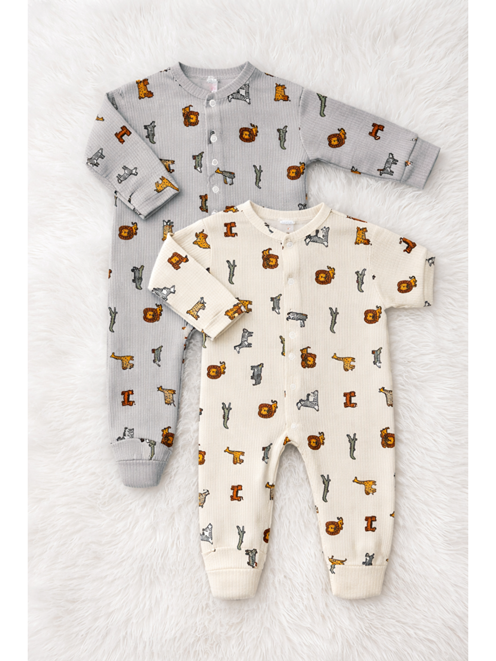 Gri Erkek Bebek Safari Desenli Fitilli kumaş 2li Tulum Seti Patiksiz-1