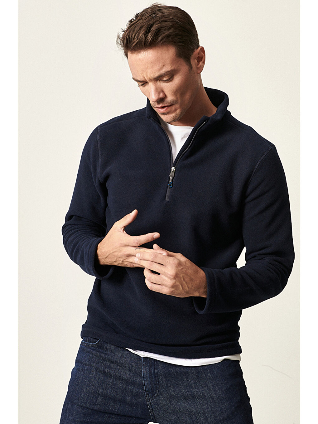 Erkek Lacivert Anti-Pilling Tüylenme Yapmayan Standart Fit Dik Yaka Polar Sweatshirt-2