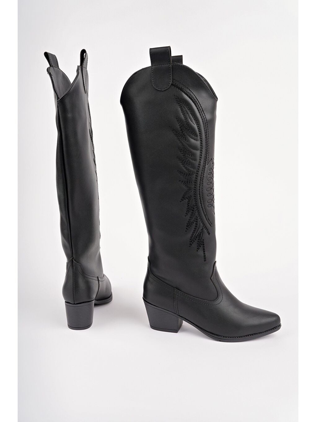 Siyah RODEO Dikiş Detaylı Kalın Topuklu Kovboy Kadın Çizme-1