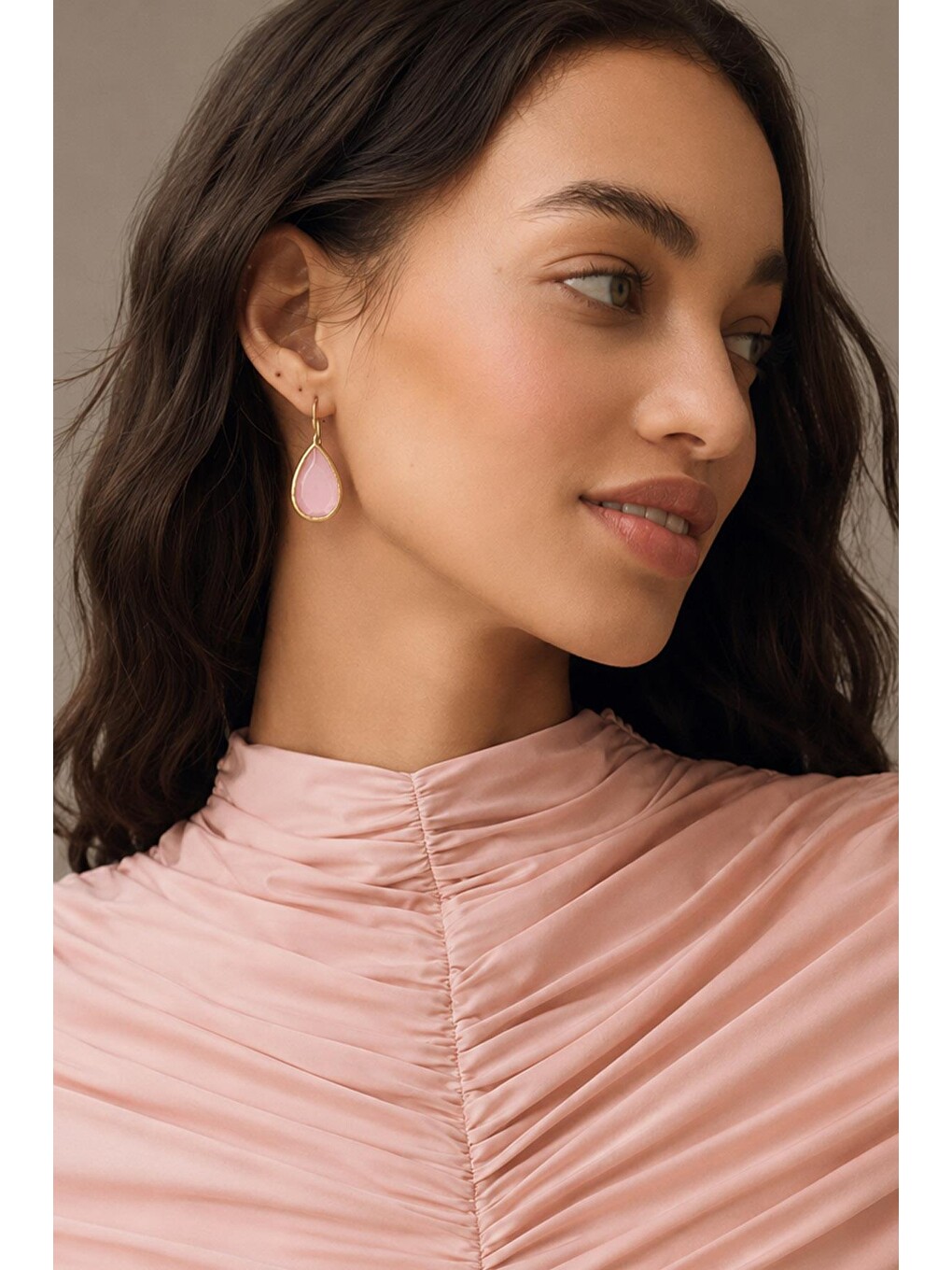 Sarı Artisan Pembe Kedi Gözü Sıvama Altın Kaplama Damla Küpe-4