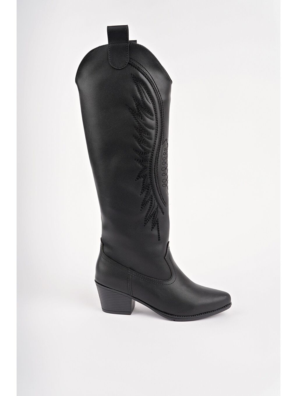 Siyah RODEO Dikiş Detaylı Kalın Topuklu Kovboy Kadın Çizme-2