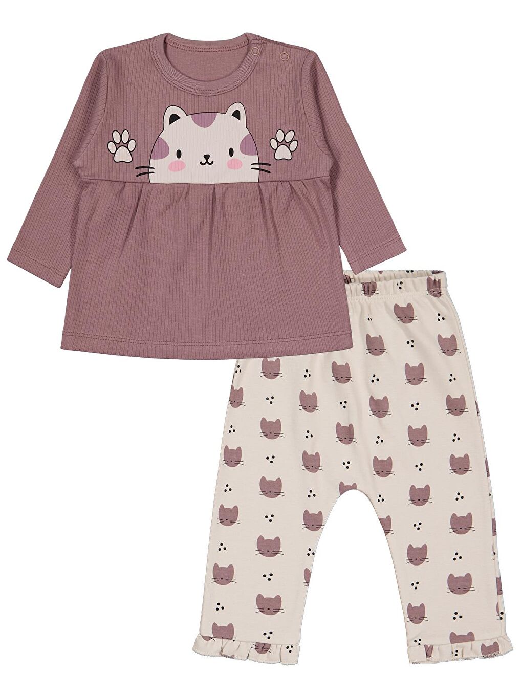 Kahverengi Baby Kedi Baskılı 6-18 Ay Takım - Kahve