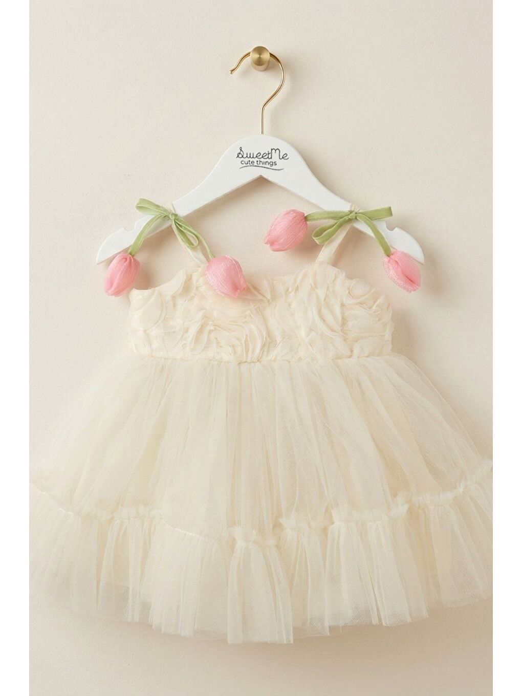 Ekru Kız Bebek Lale Figürlü Premium Tül Elbise