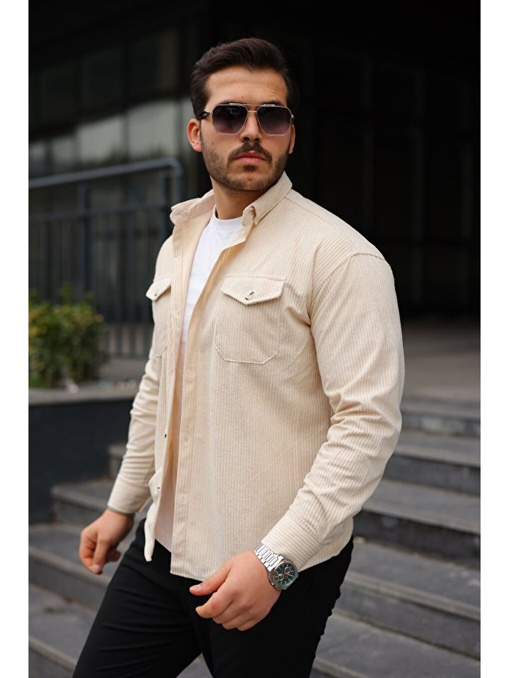 Kahverengi Erkek Uzun Kollu Cepli Kadife Gömlek-2