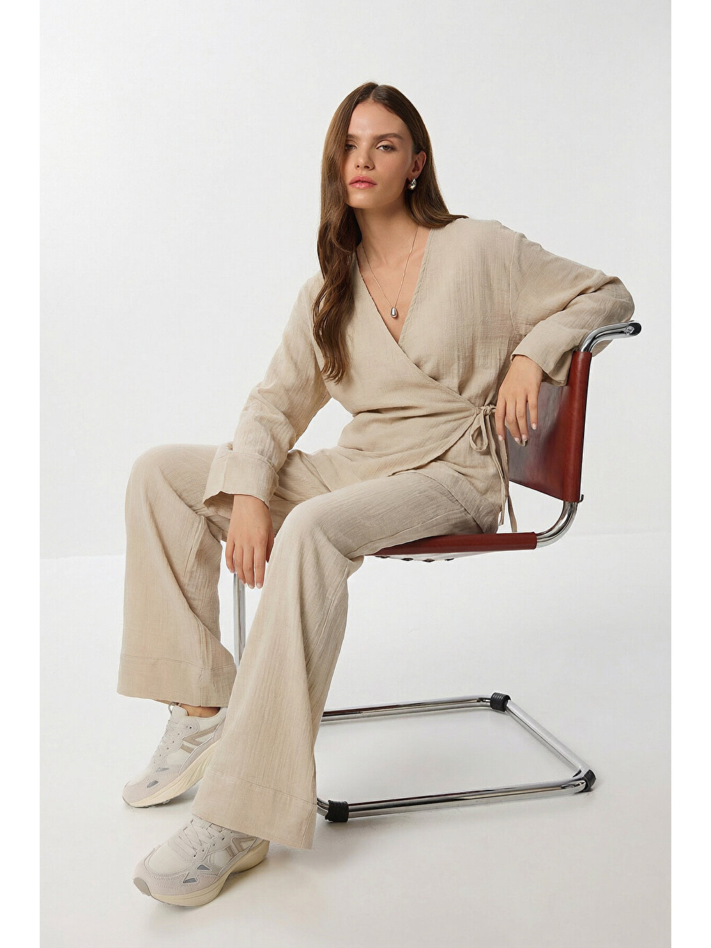 Bej Bağlama Detaylı Müslin Kimono Takım BEJ LZH0020