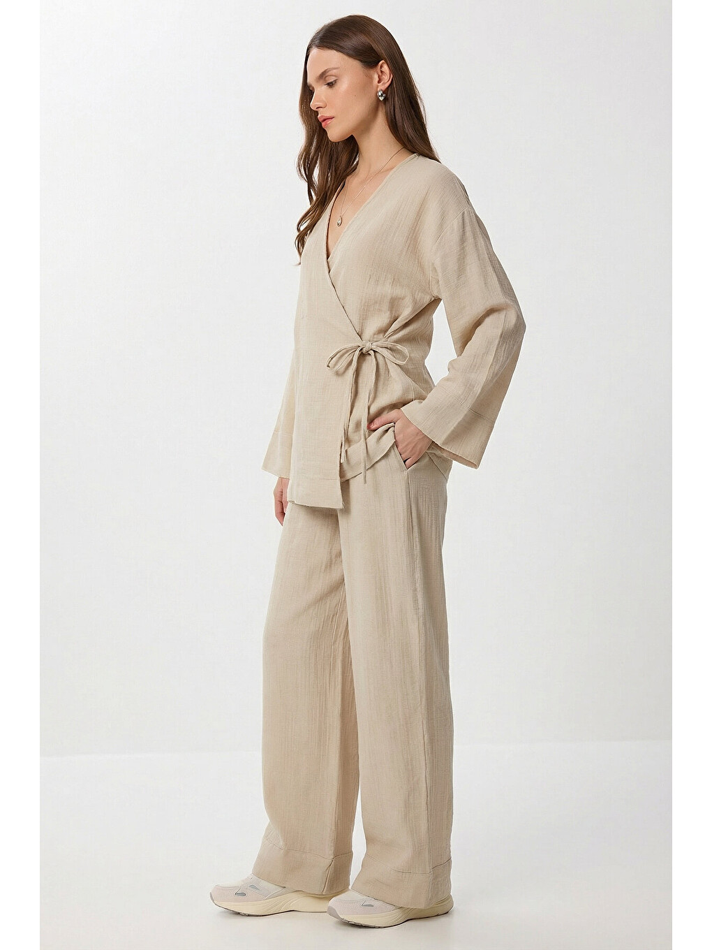 Bej Bağlama Detaylı Müslin Kimono Takım BEJ LZH0020-1