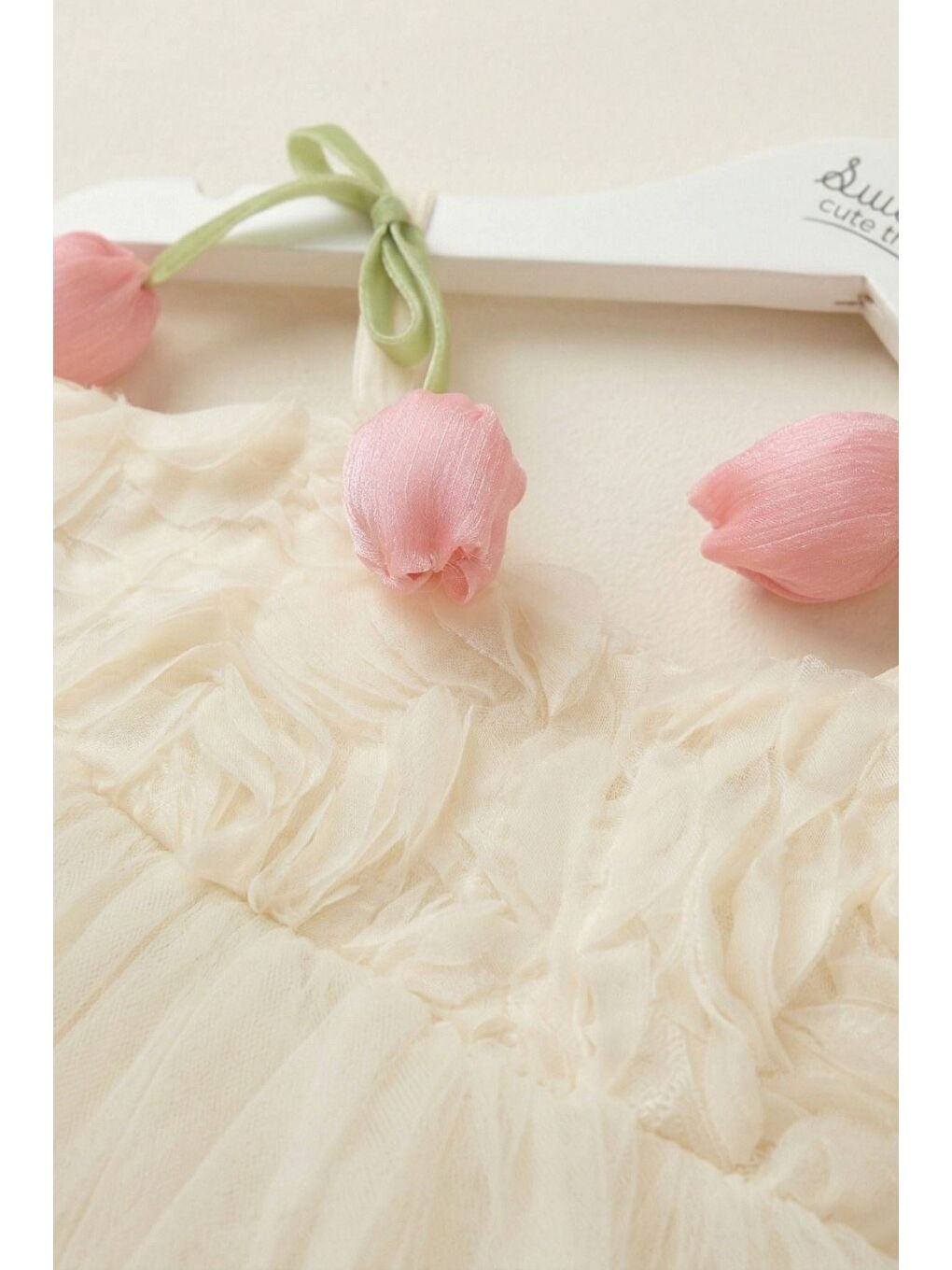 Ekru Kız Bebek Lale Figürlü Premium Tül Elbise-2