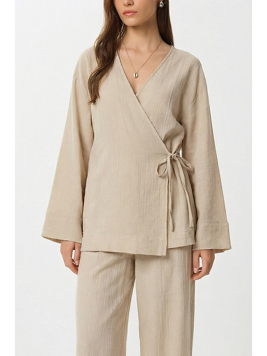 Bej Bağlama Detaylı Müslin Kimono Takım BEJ LZH0020-2