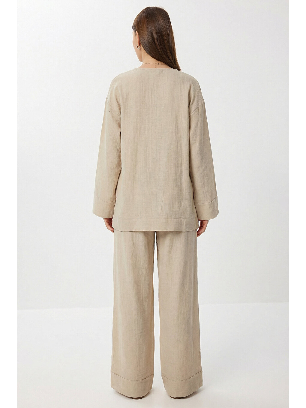 Bej Bağlama Detaylı Müslin Kimono Takım BEJ LZH0020-3
