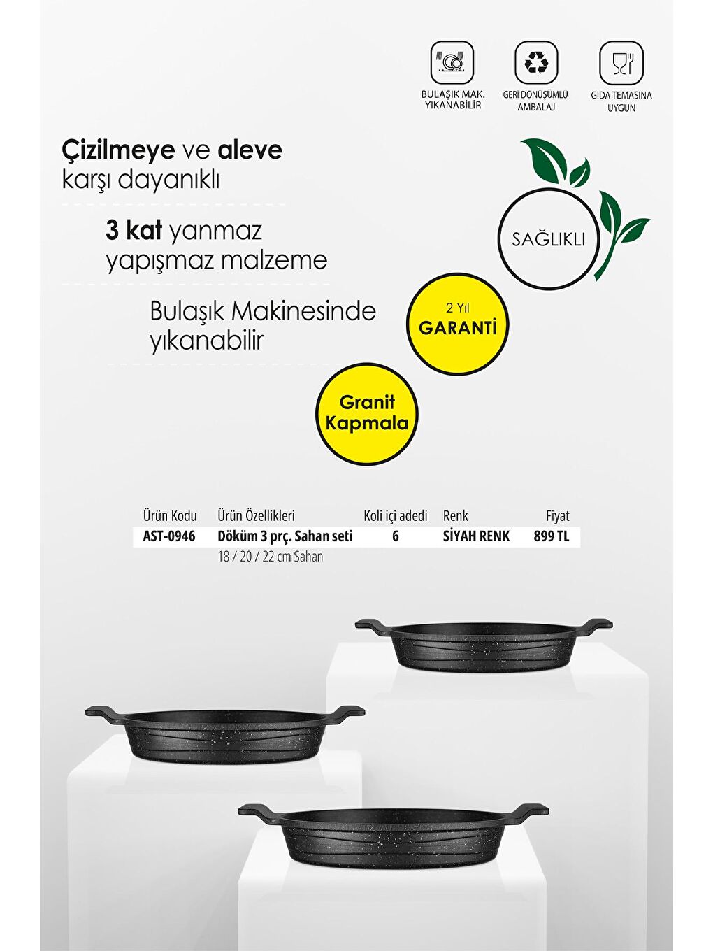 Renksiz Astral 3 Parça Granit Döküm Sahan Seti AST-0946-2