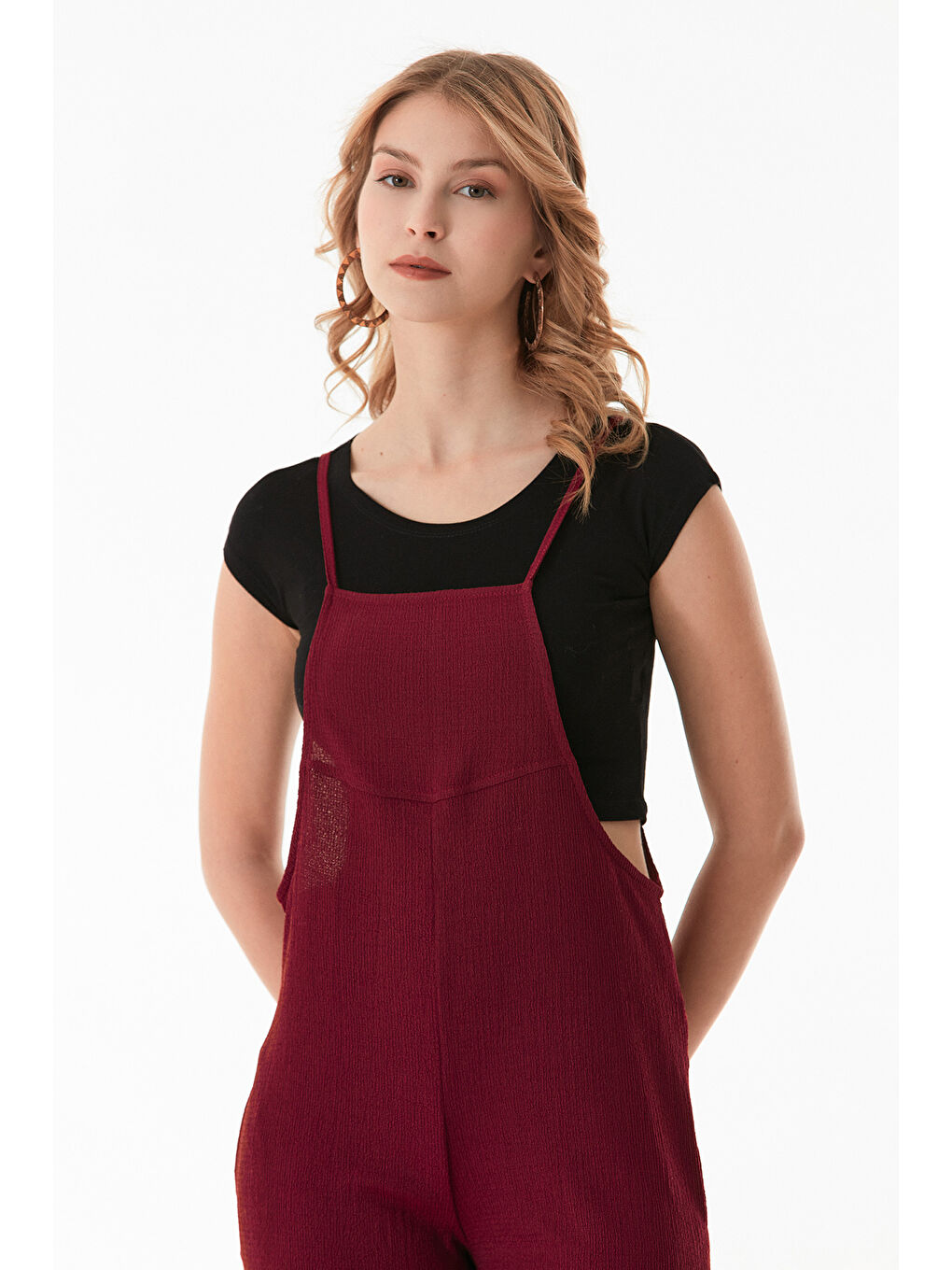 Bordo Krep Kumaş İp Askılı Tulum-1