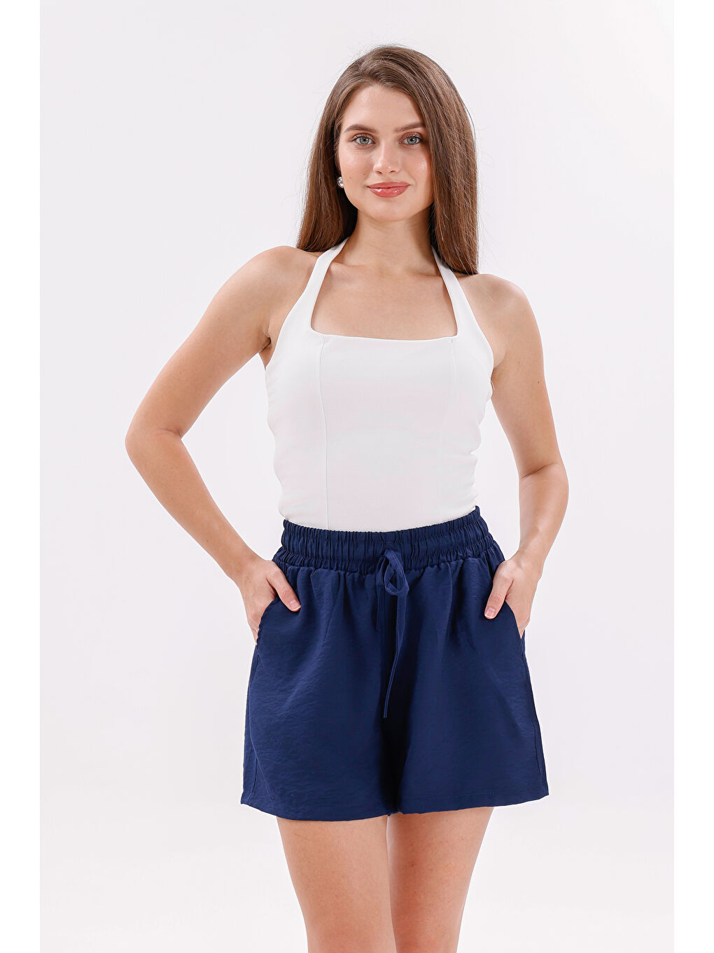 Lacivert Genıus Store Kadın Şort Aerobin Pamuklu Cepli Çekmez Kumaş Beli Lastikli Şort