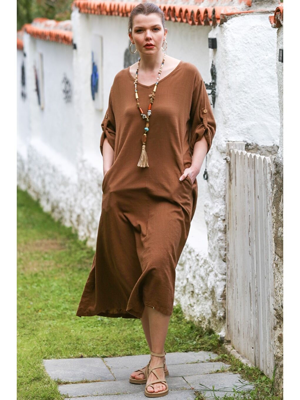 Kahverengi V Yaka Düğmeli Uzun Kollu Casual Keten Görünümlü Dokuma Elbise 118 60-3