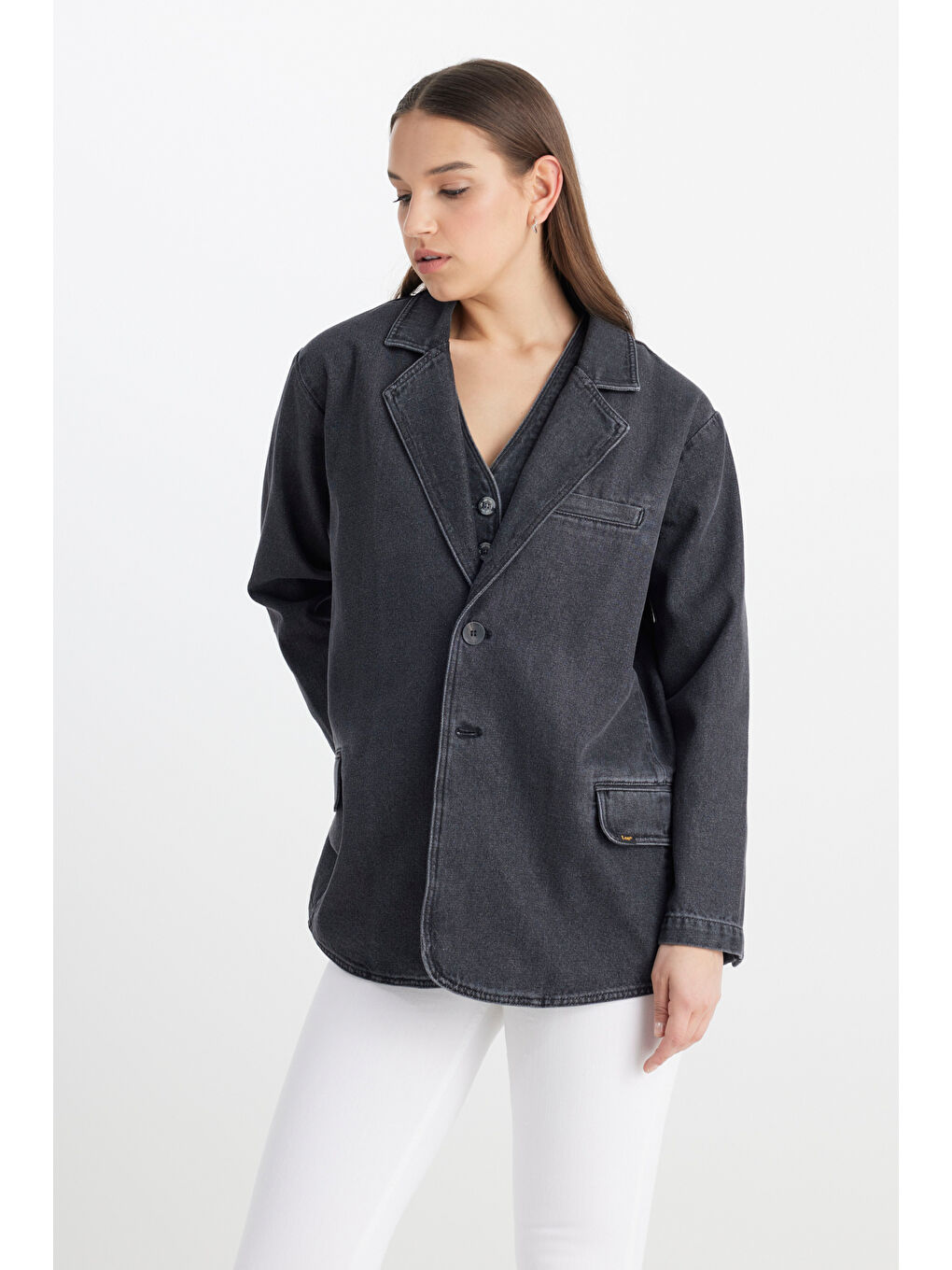 Oversize Bol Kesim %100 Pamuk Antrasit Jean Jean Ceket-1