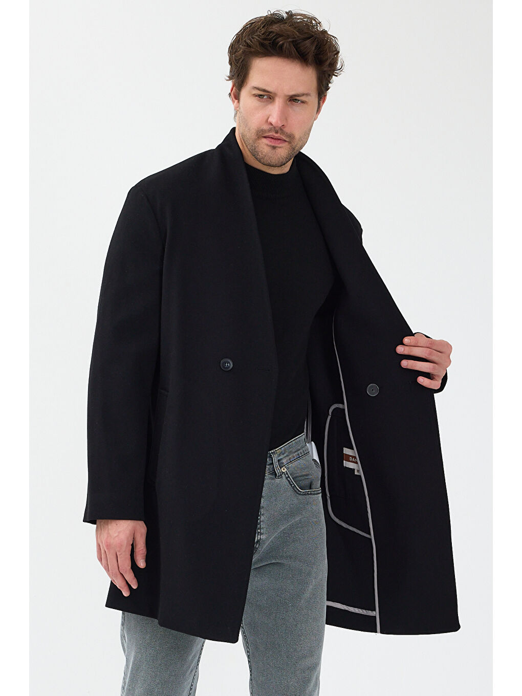 Erkek Kruvaze Kaşe Palto Mont Siyah
