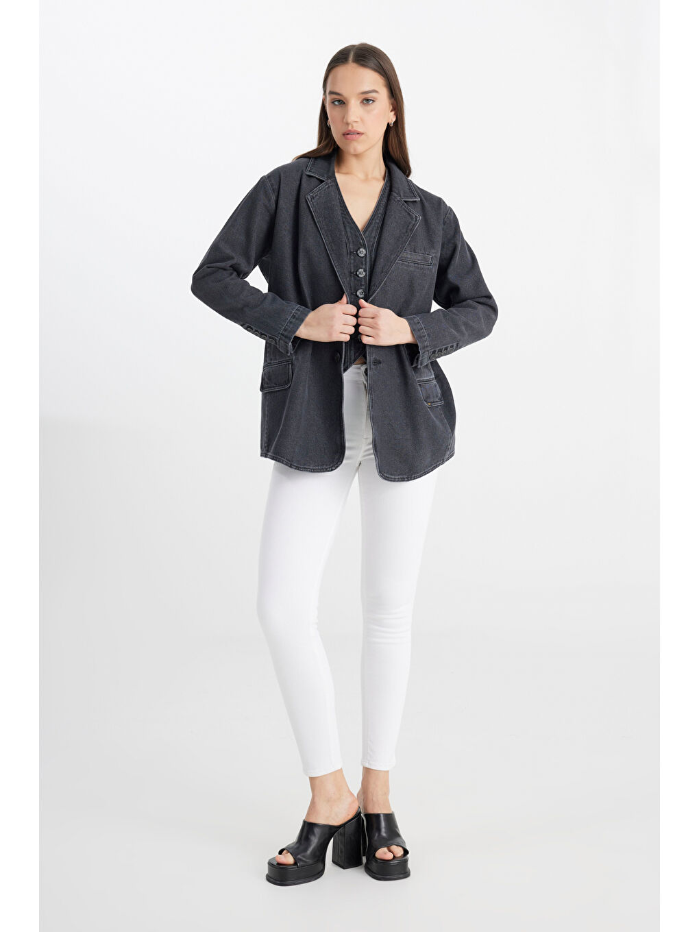 Oversize Bol Kesim %100 Pamuk Antrasit Jean Jean Ceket-2