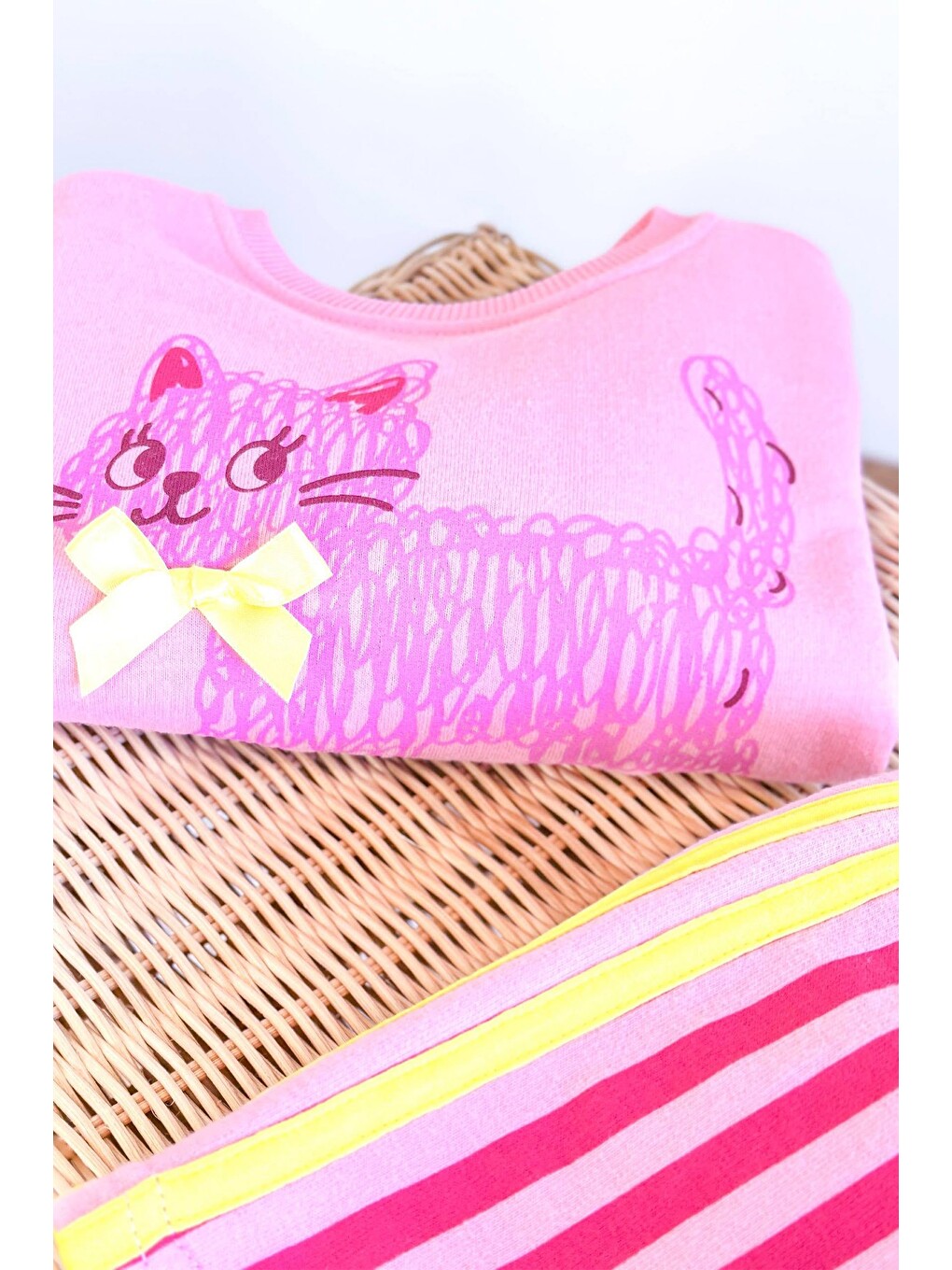 Kız Çocuk Pembe Kedi Baskılı Sweatshirt Ve Pembe Çizgili Eşofman Alt Üst Takım-3