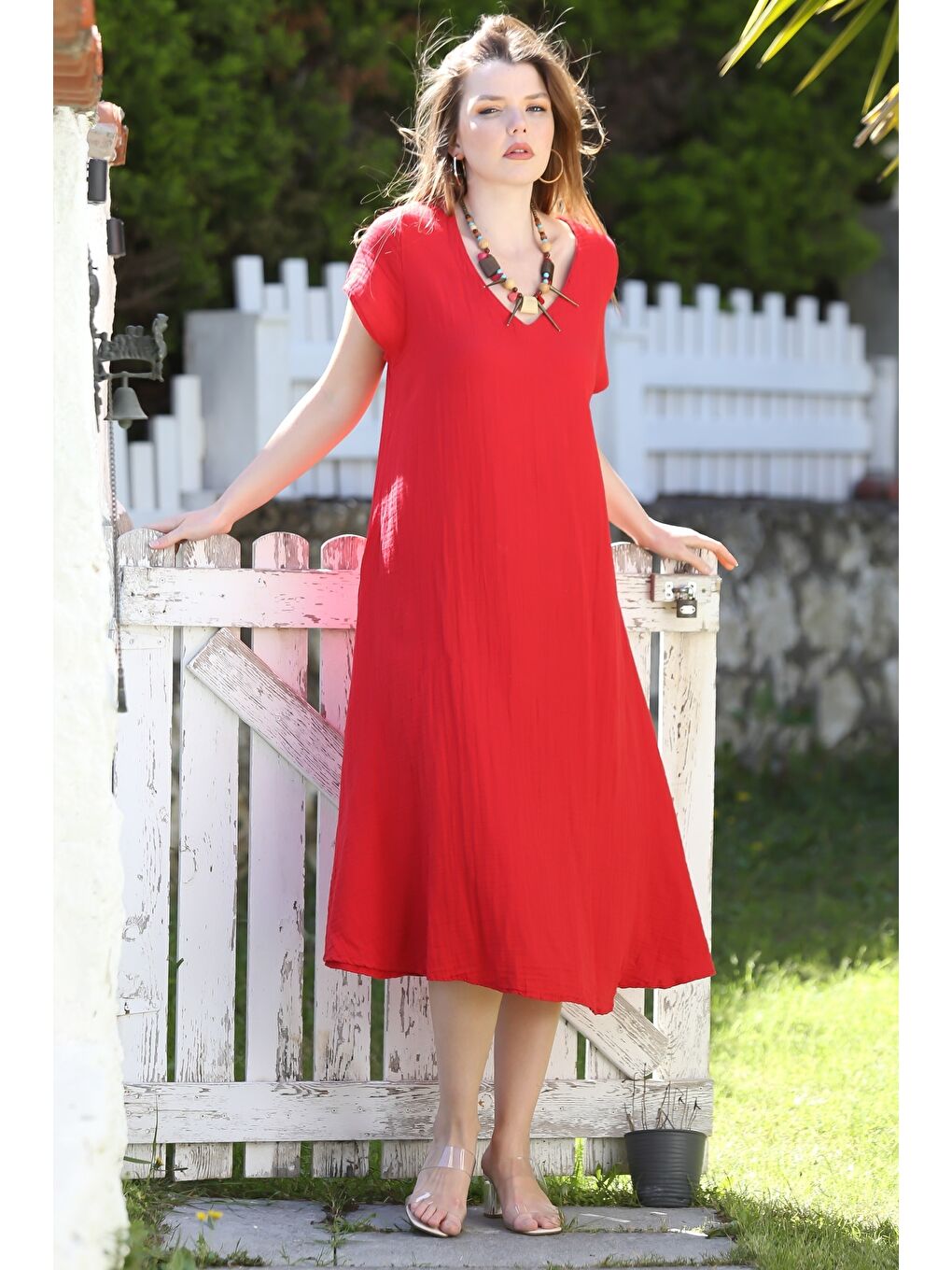 Kırmızı V Yaka Düşük Kol Casual Müslin Dokuma Elbise Kloş Etek 115 63-2