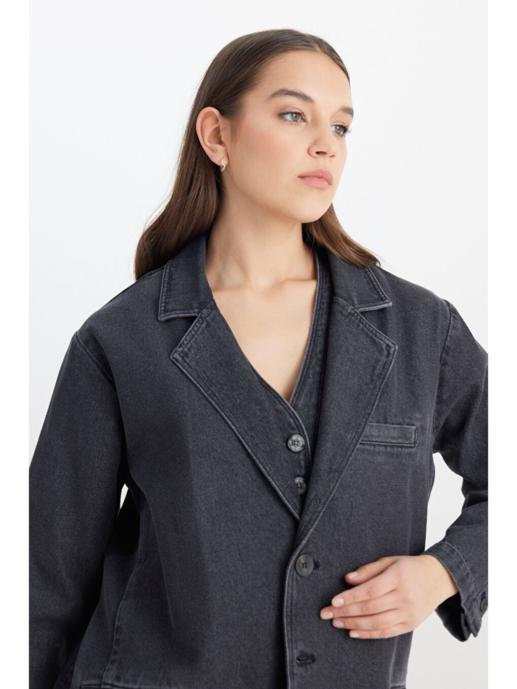 Oversize Bol Kesim %100 Pamuk Antrasit Jean Jean Ceket-3