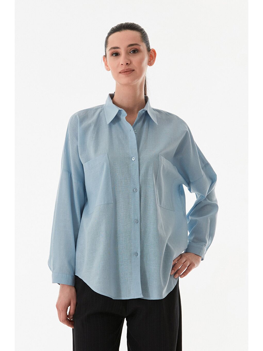 Mavi Basic Çift Cepli Oversize Gömlek