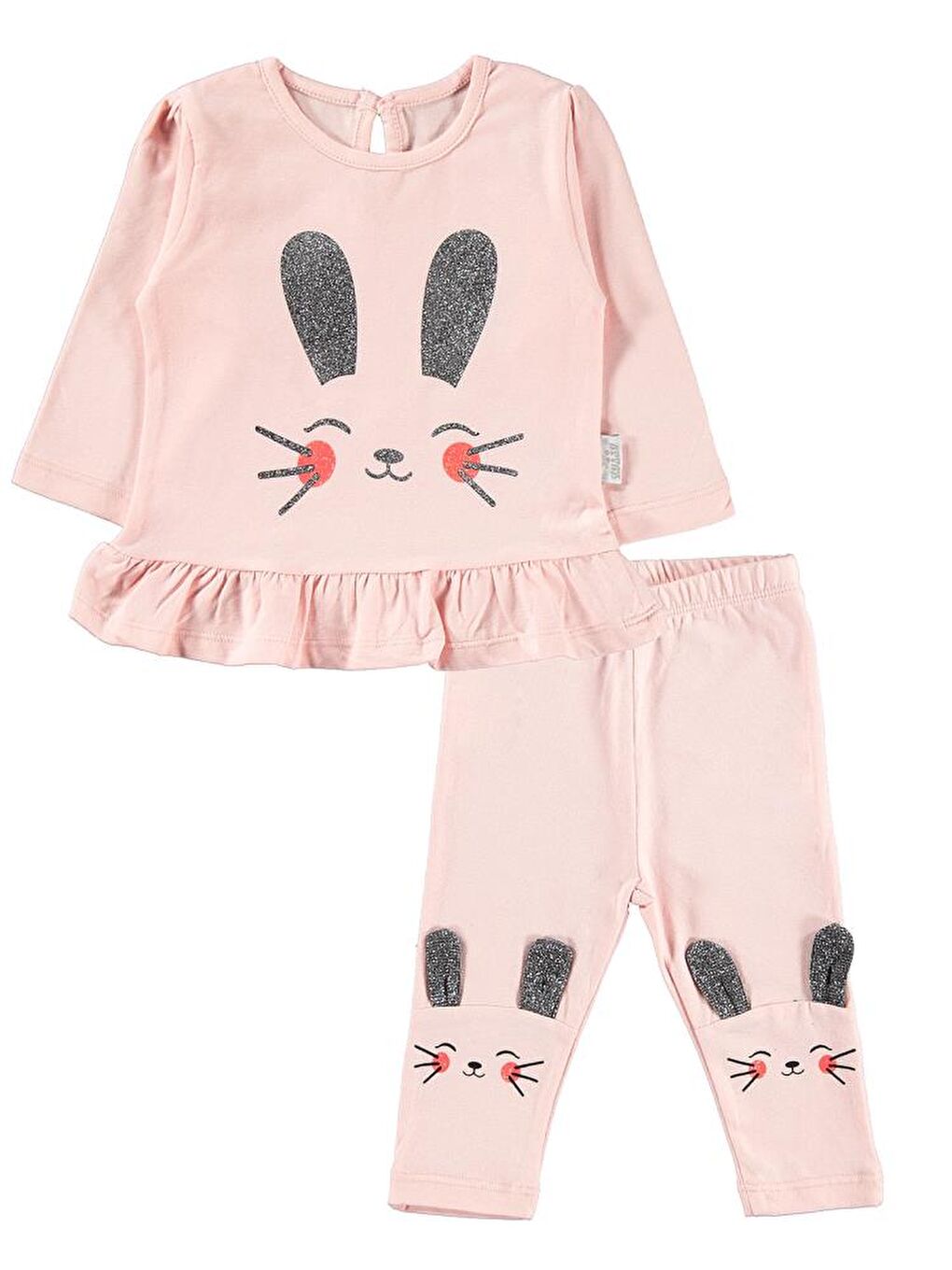 Pembe Baby Kulaklı Tavşan Baskı 6-18 Ay Taytlı Takım - Pudra 6-9 Ay