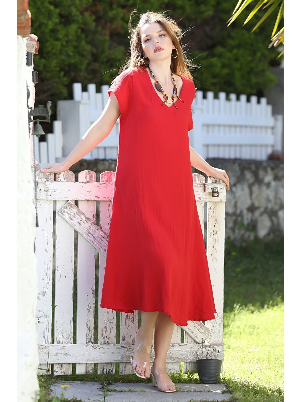 Kırmızı V Yaka Düşük Kol Casual Müslin Dokuma Elbise Kloş Etek 115 63-3