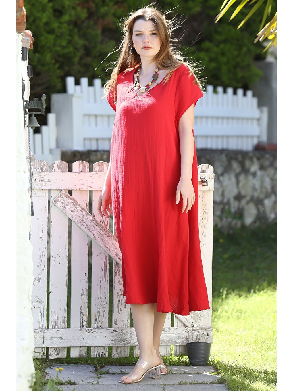 Kırmızı V Yaka Düşük Kol Casual Müslin Dokuma Elbise Kloş Etek 115 63-4