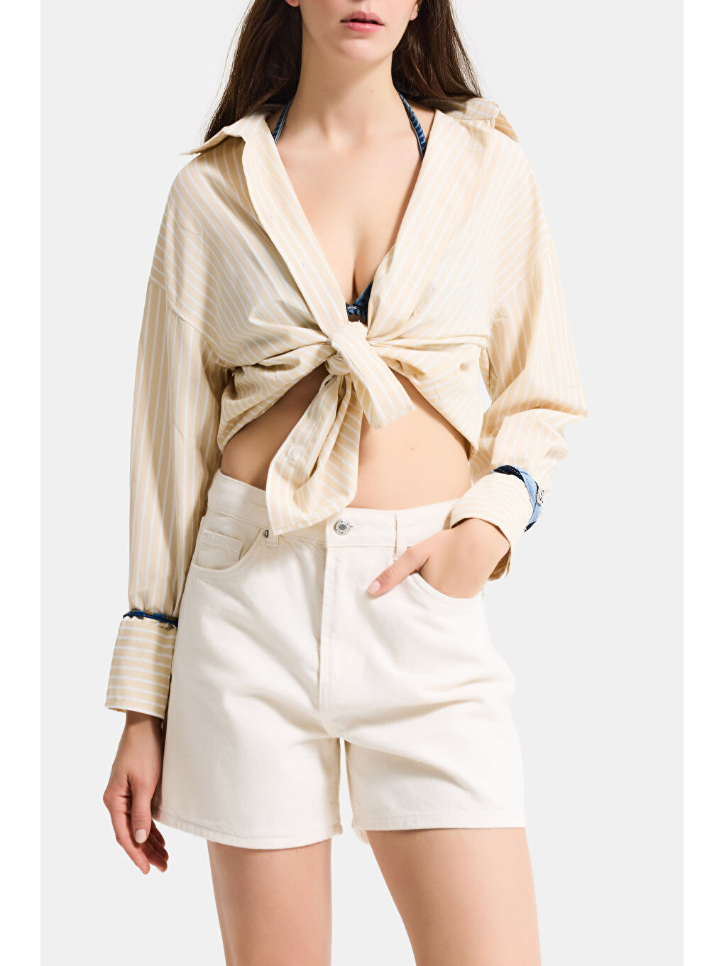 Bej Kadın Raw Diana 7s6-69 Mom Fit Midi Boy Denim Şort-5