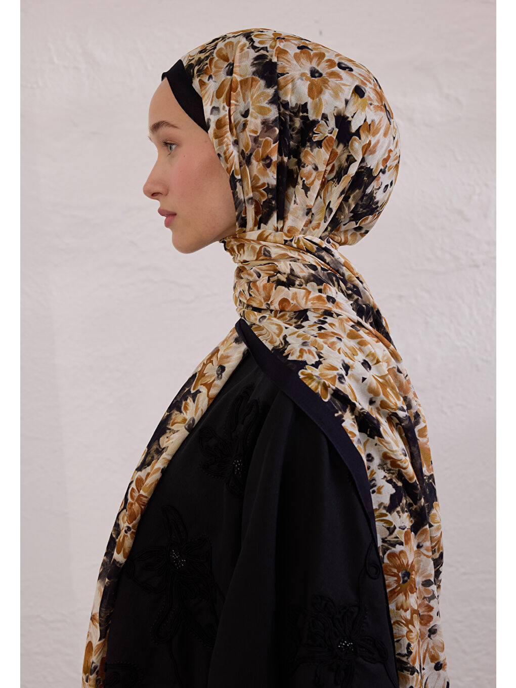 Cherry Blossom Desen Rami Şal Siyah-3