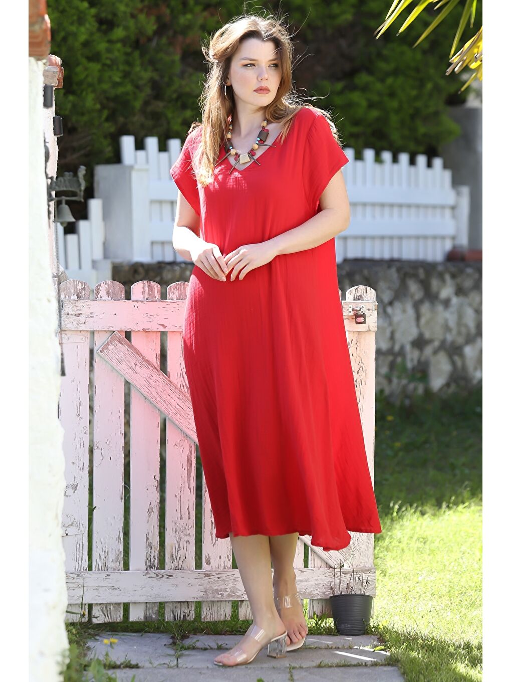 Kırmızı V Yaka Düşük Kol Casual Müslin Dokuma Elbise Kloş Etek 115 63-5