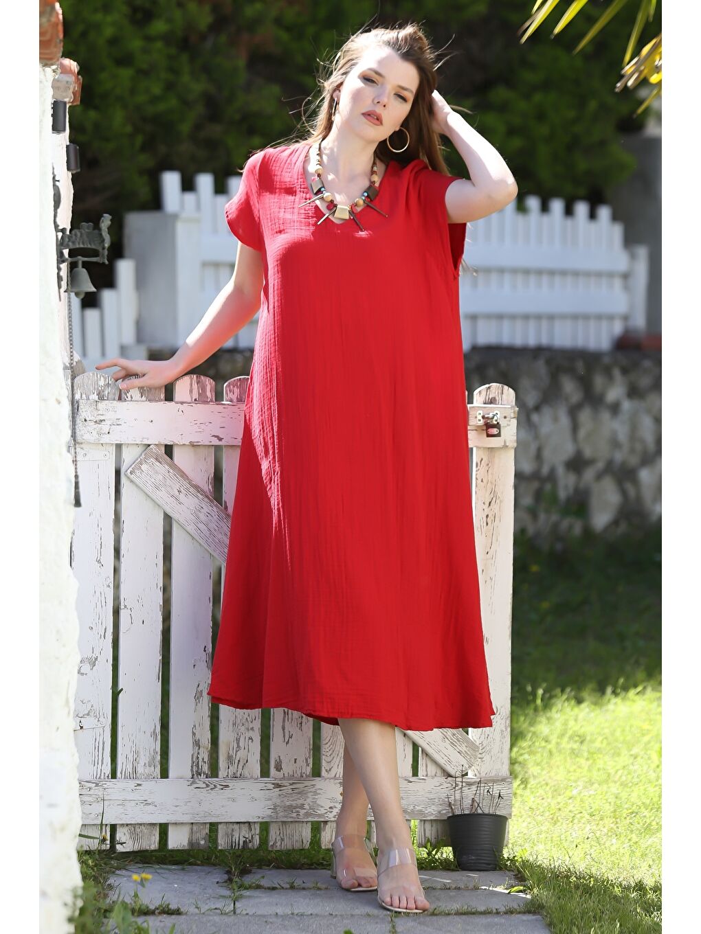 Kırmızı V Yaka Düşük Kol Casual Müslin Dokuma Elbise Kloş Etek 115 63-6