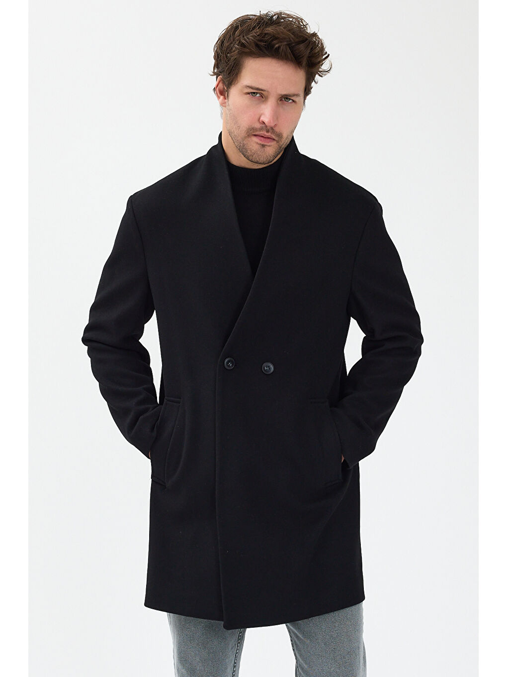Erkek Kruvaze Kaşe Palto Mont Siyah-2