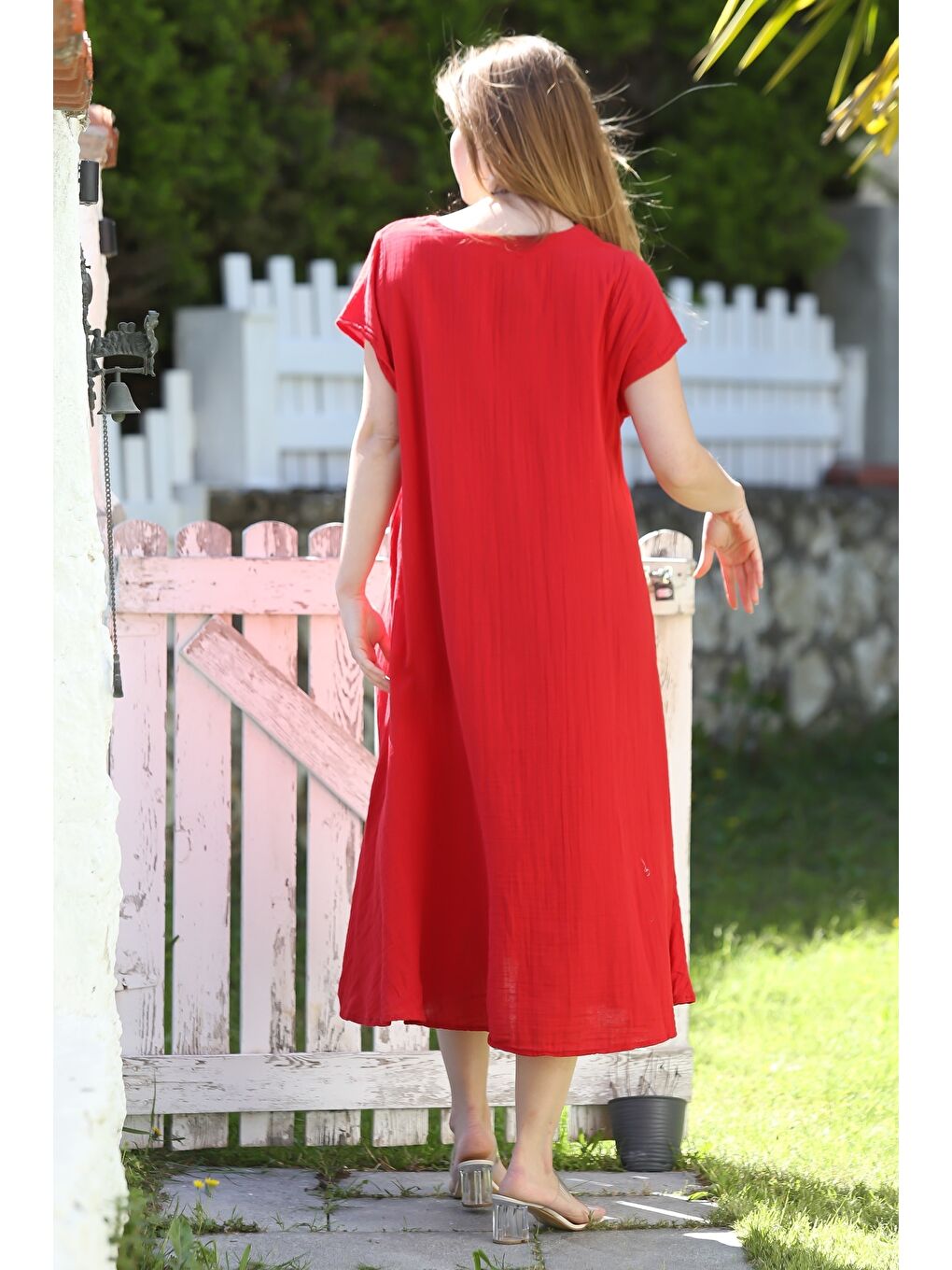 Kırmızı V Yaka Düşük Kol Casual Müslin Dokuma Elbise Kloş Etek 115 63-7