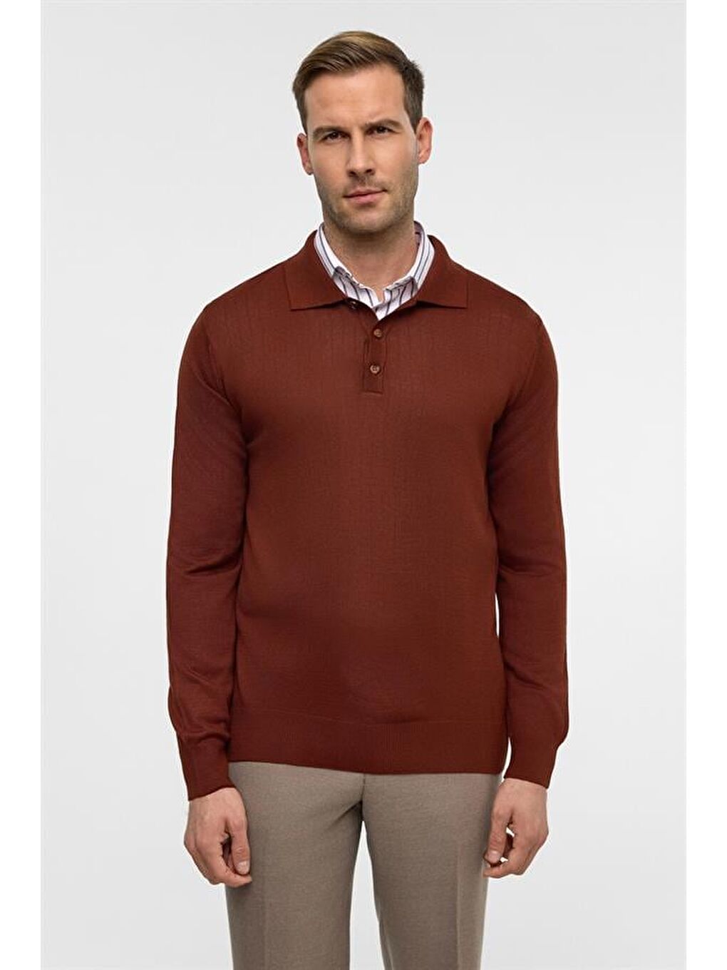 Kahverengi Kiremit Regular Düz Polo Yaka Triko