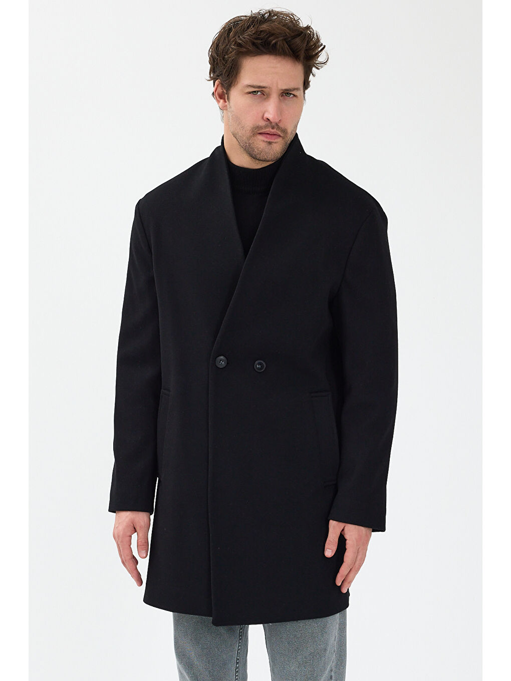 Erkek Kruvaze Kaşe Palto Mont Siyah-3